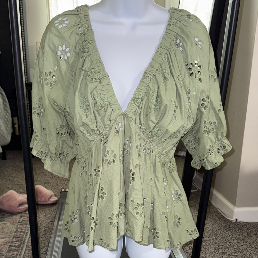 Eyelet V-Neck Peasant Blouse in Sage Green